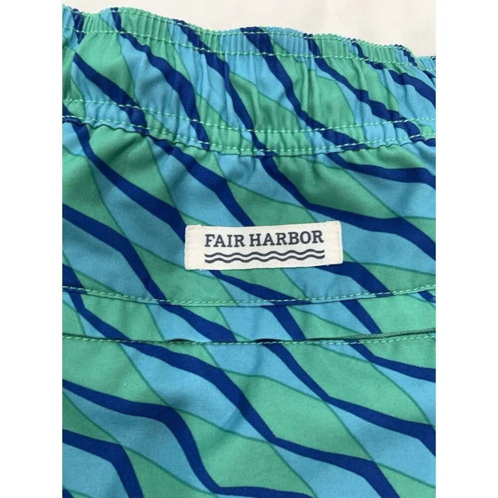 Fair Harbor Swim Trunks Mens XL Blue Green Geometric Wave The Anchor Shorts